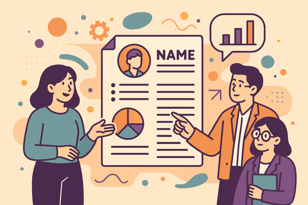 Flat cartoon illustration showing people reviewing a resume with charts, symbolizing two-page resume tips and professional resume guidance