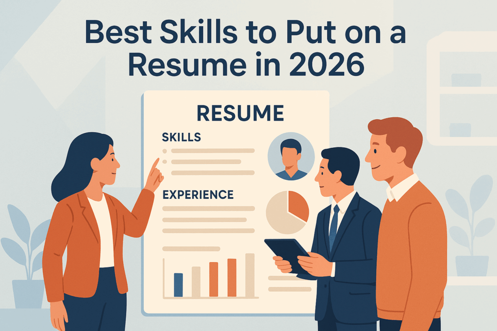 Illustrated resume layout for 2026, featuring sections for skills and experience with visual graphs like a pie chart and bar chart, surrounded by three diverse professionals discussing career skills. Clean, modern design with soft colors.