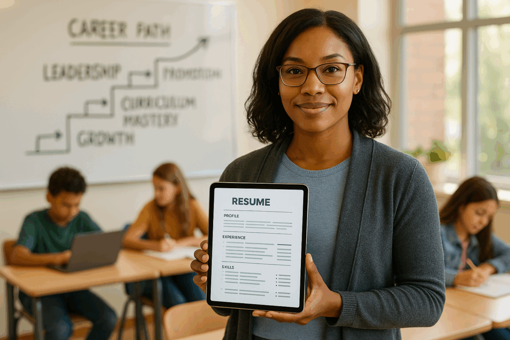 women holding ipad with teacher resume template