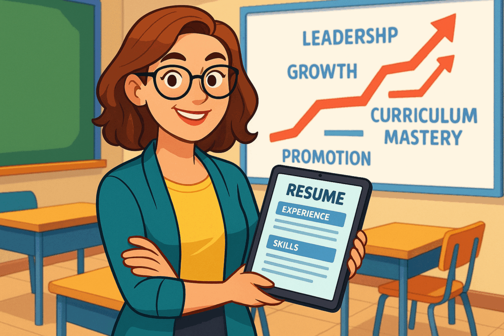 Cartoon-style image of a diverse female teacher holding a tablet with a teacher resume in a modern classroom