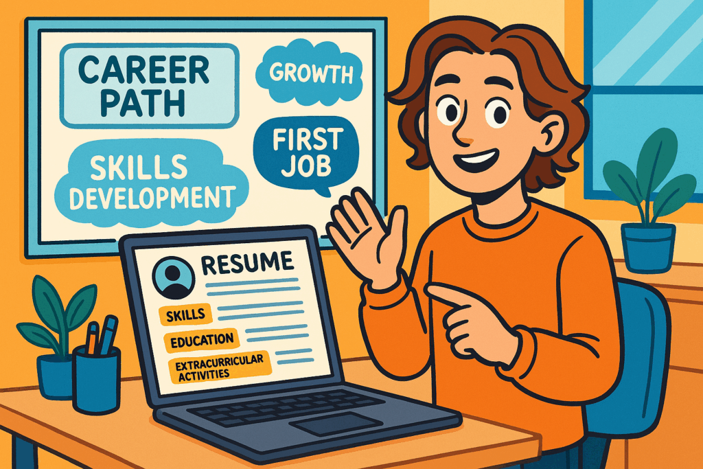 Cartoon-style illustration of a diverse young person at a desk with a laptop showing a resume with no experience, highlighting skills, education, and career growth.