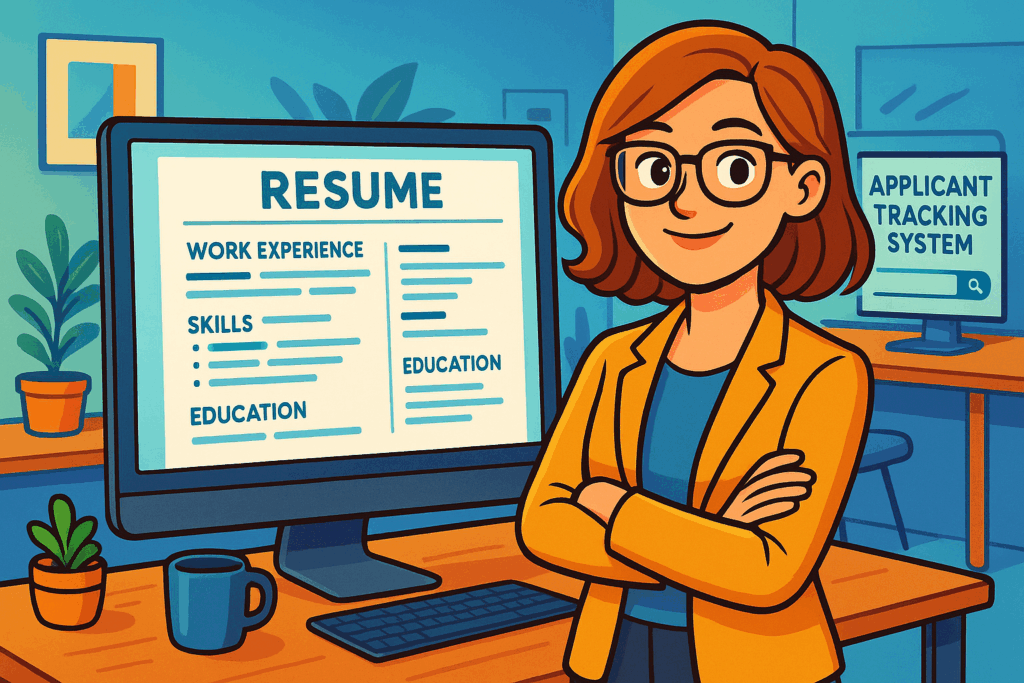 Cartoon of a professional woman standing in front of an ATS-friendly resume on a computer screen, highlighting 'Work Experience' and 'Skills.