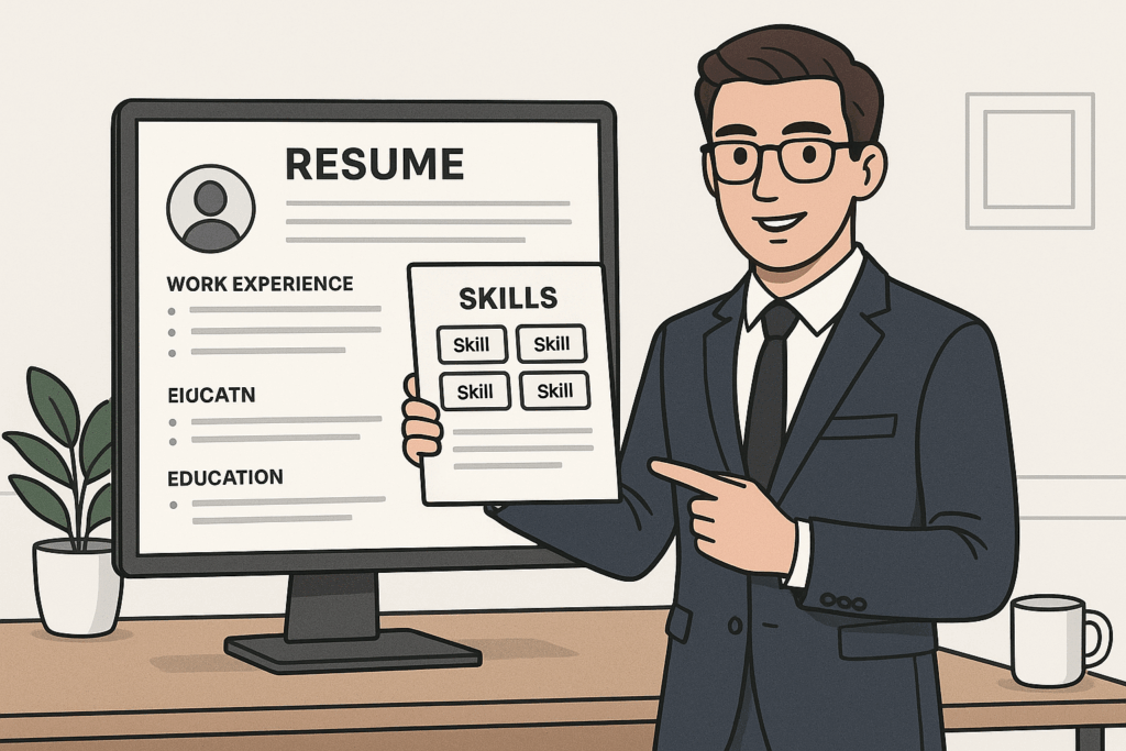 Digital illustration of a confident professional holding a resume with highlighted 'Skills' section, pointing at the document while standing next to a computer screen showing a simple resume layout. The focus is on presenting key resume skills clearly