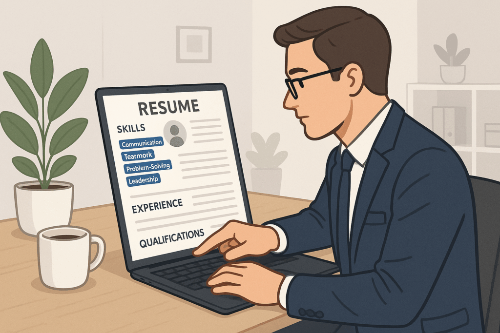 Cartoon-style illustration of a professional reviewing a resume on a laptop. The resume highlights skills like communication, teamwork, and problem-solving, reflecting the focus on skills during a resume review