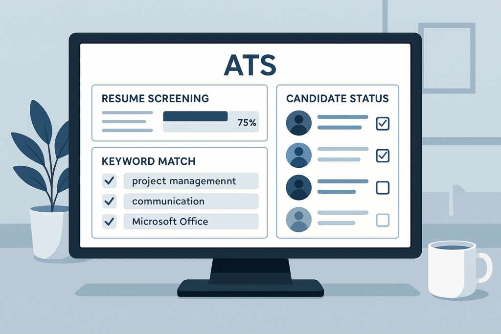 ATS dashboard on a computer showing 'Resume Screening' at 75% and 'Keyword Match' with skills like project management.