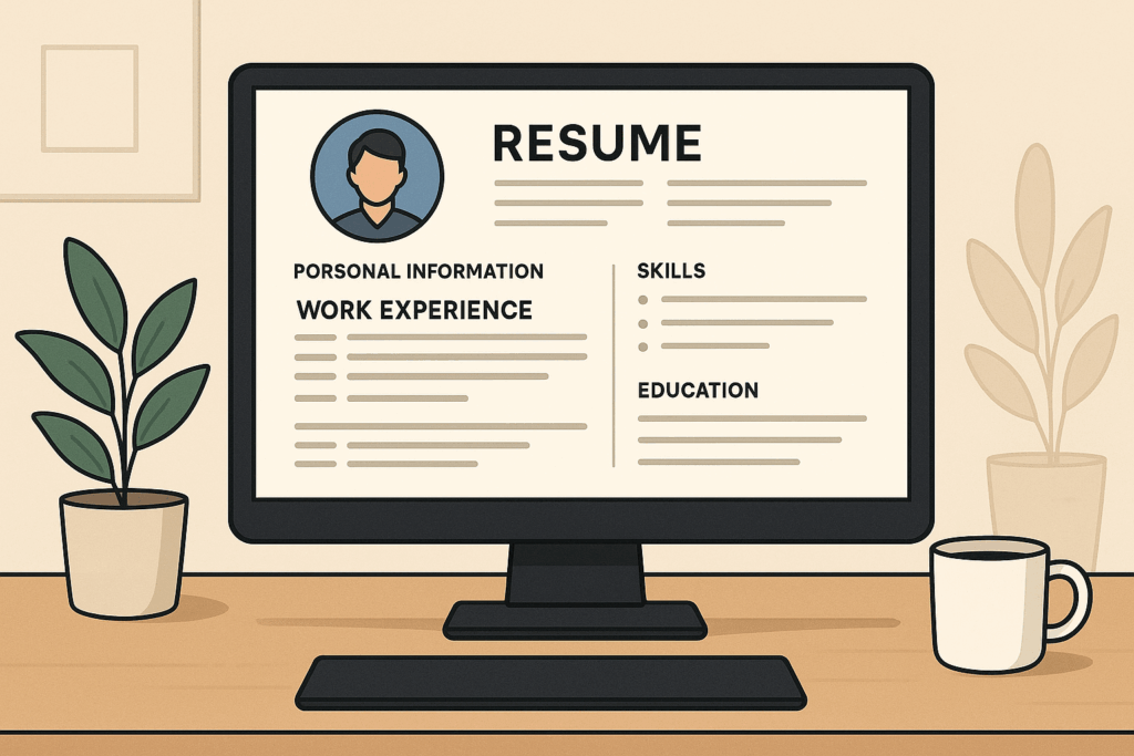 Illustration of a computer screen showing a simple, polished resume with sections like 'Personal Information,' 'Work Experience,' 'Skills,' and 'Education.' The layout is neat and professional.