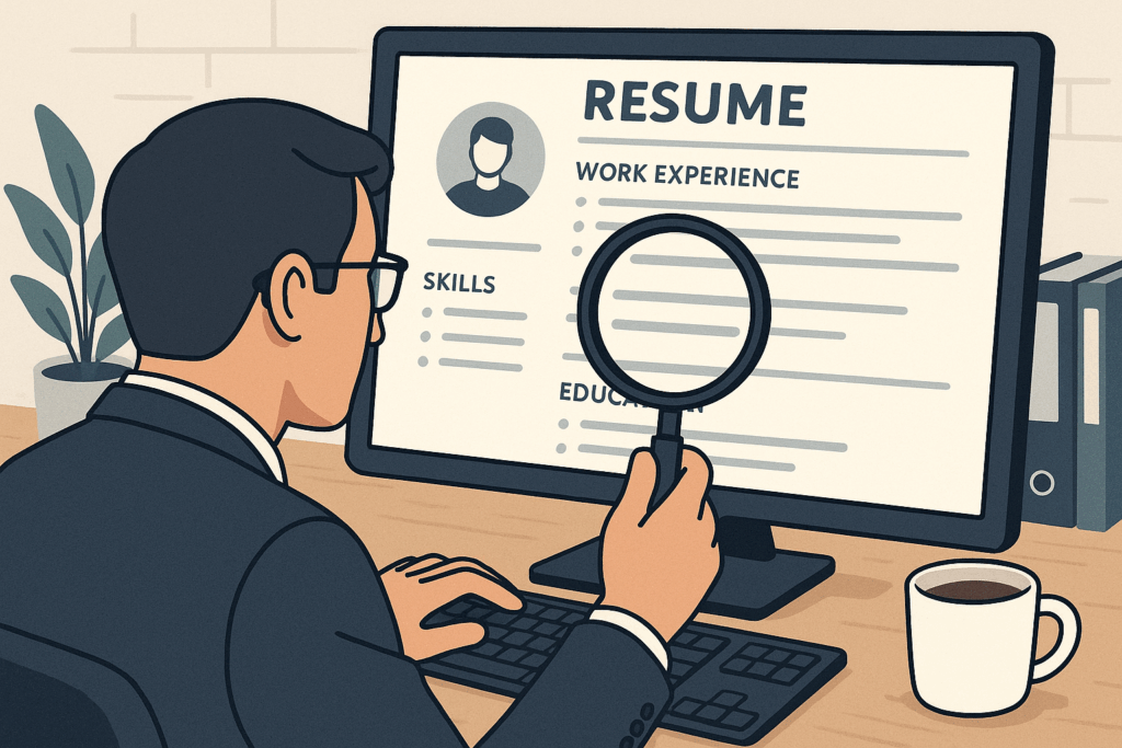 Professional reviewing a resume on a laptop, with highlighted skills like communication, teamwork, and problem-solving.