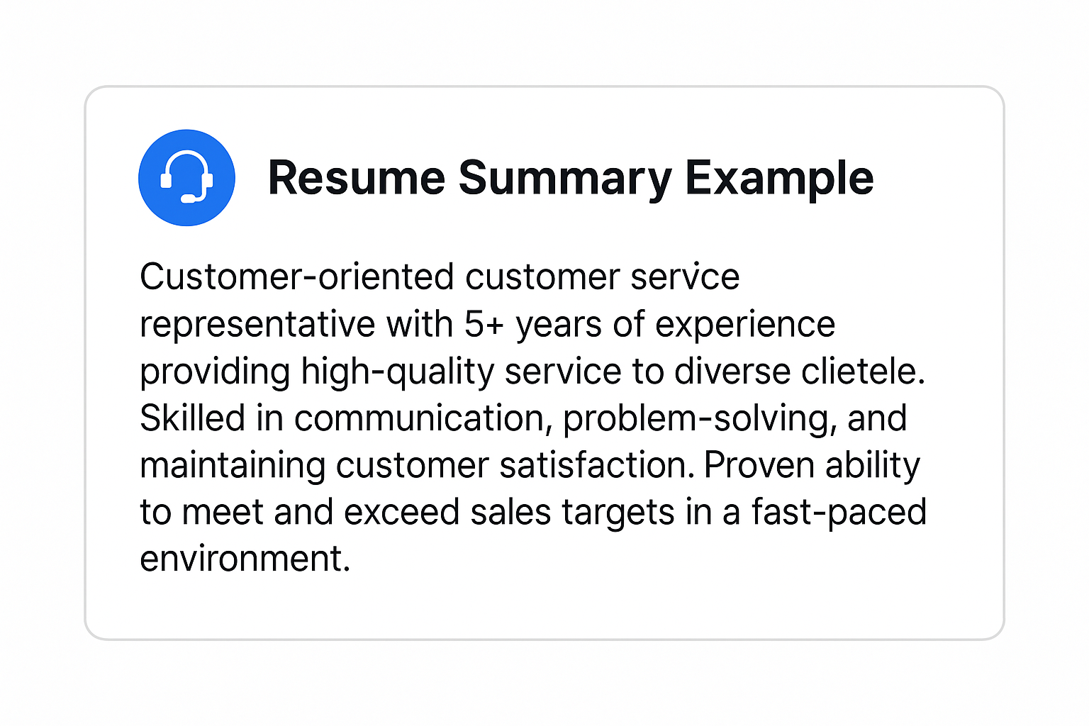 Resume summary example for a customer service professional displayed in a clean card-style layout.