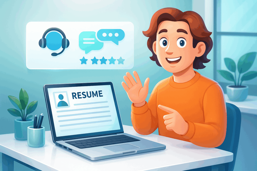 Customer service professional reviewing a resume on a laptop with support icons in a clean modern workspace