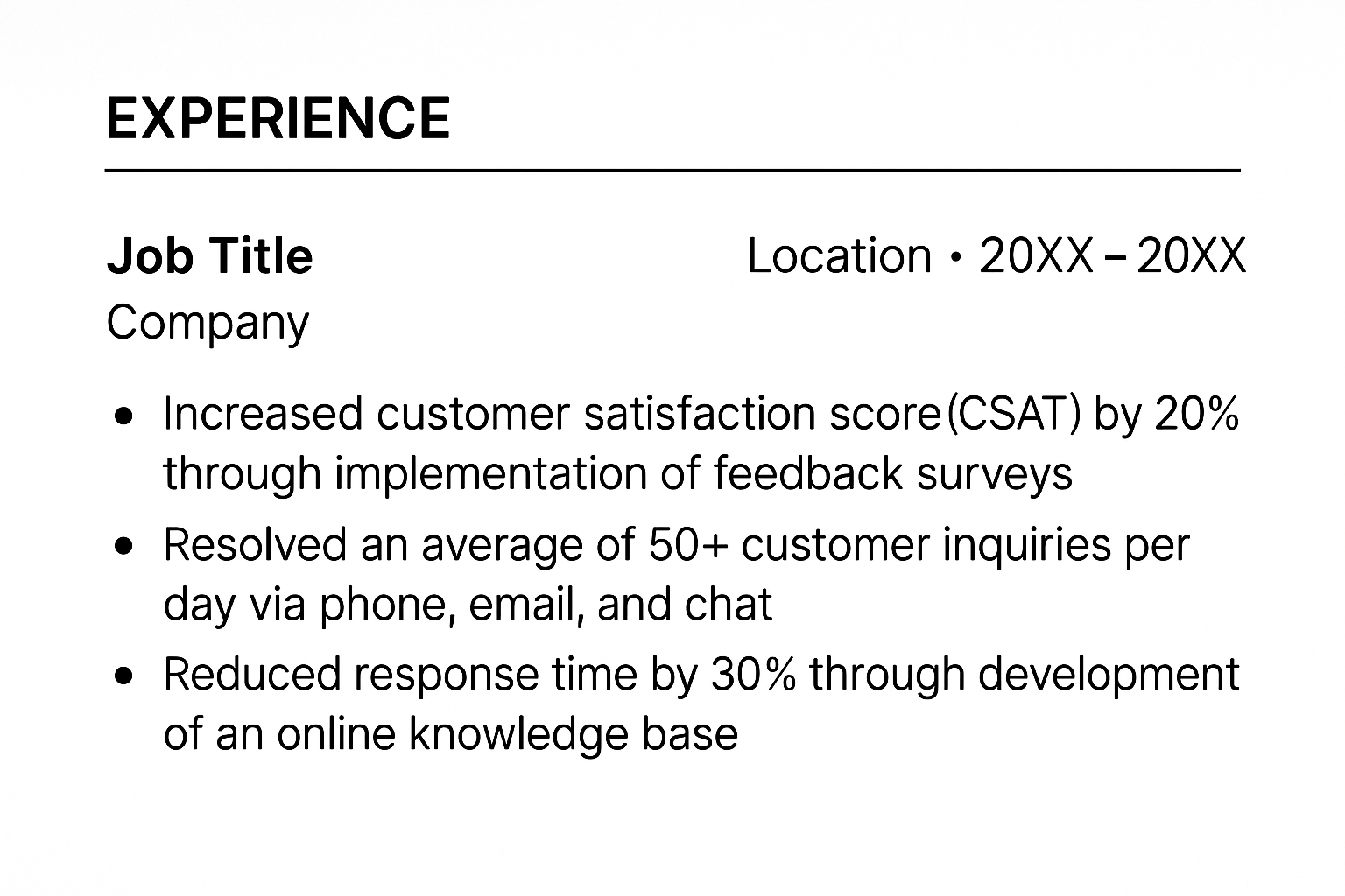 Resume experience section with example bullet points showing measurable customer service achievements