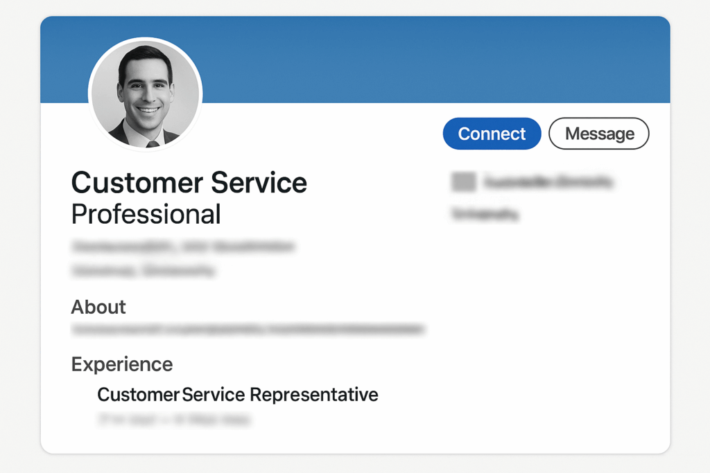 LinkedIn profile preview mockup showing a professional customer service profile