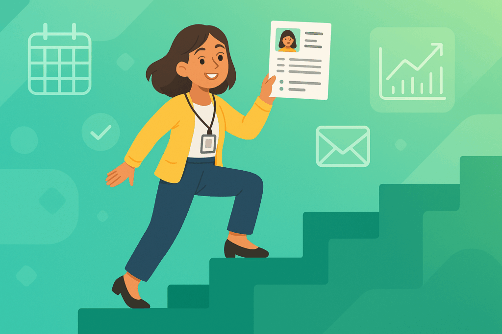 Cartoon-style hero illustration of an Administrative Assistant climbing career steps while holding a polished resume, with green and turquoise gradient background and office icons representing professional growth