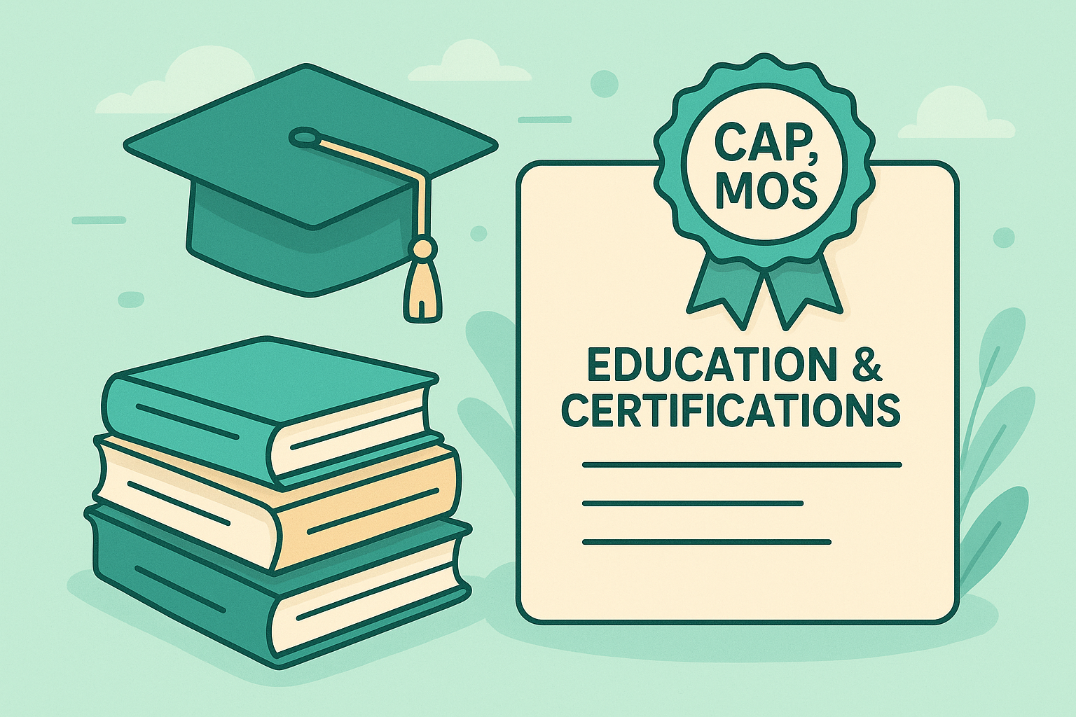 Illustration of education and certification icons for Administrative Assistant resumes, including CAP and MOS credentials