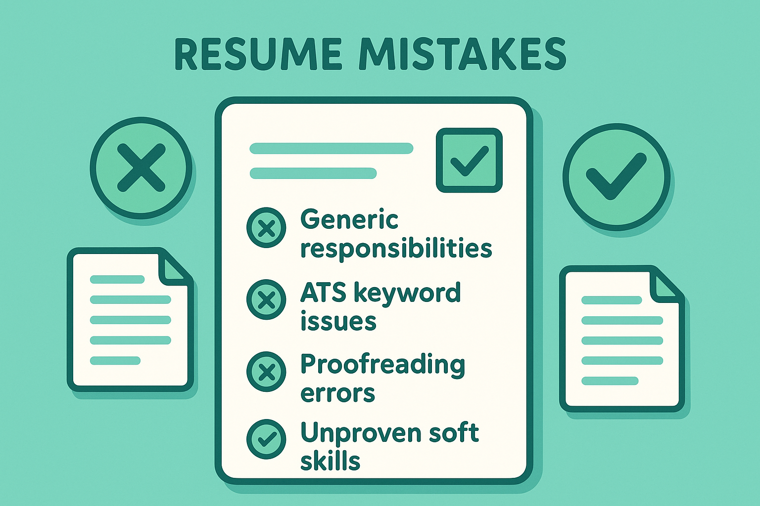 Cartoon checklist of common Administrative Assistant resume mistakes with icons for proofreading, ATS keywords, and quantified achievements.