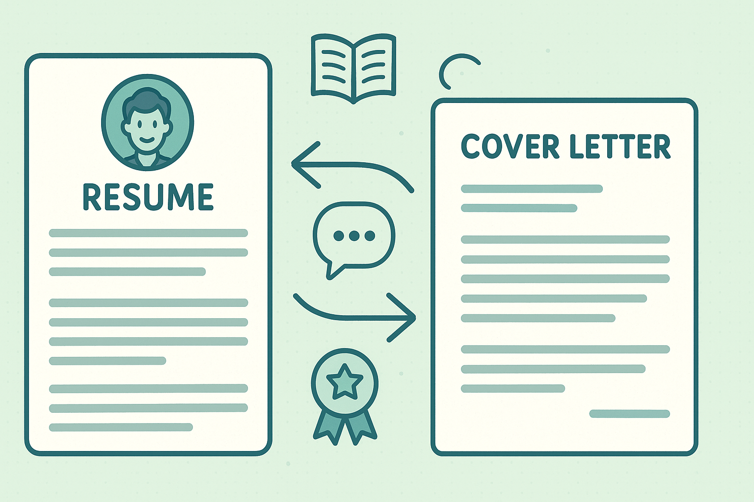 Illustration showing a resume and cover letter side by side with connecting arrows, symbolizing how they work together for Administrative Assistant applications