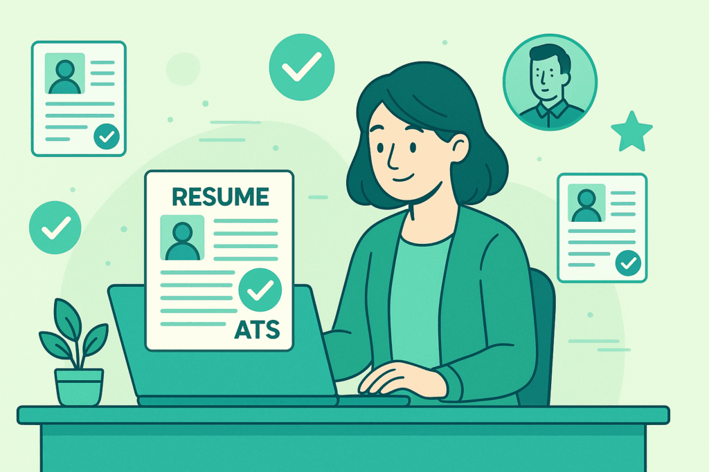 Cartoon-style hero image of a job seeker reviewing an ATS-optimized resume on a laptop, with green and turquoise icons representing hiring and resume improvement