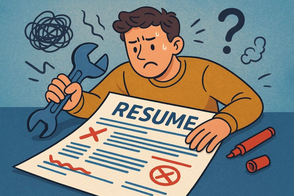 Illustration of a person's hands interacting with a laptop screen displaying a resume. The resume has the title "RESUME," and "ATS" with a checkmark, indicating it is optimized for Applicant Tracking Systems. A large "UPLOAD" button with an arrow is in the center. One finger is about to click the upload button, while another hand with a pen writes on the document. A thought bubble shows a small silhouette of a successful candidate. The image conveys the final step of submitting an ATS-compliant resume.