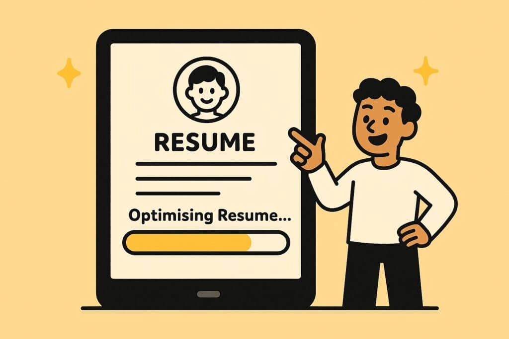 “Minimal illustration of a digital tablet displaying a resume being optimised, with a character pointing at the screen and yellow accents throughout.”