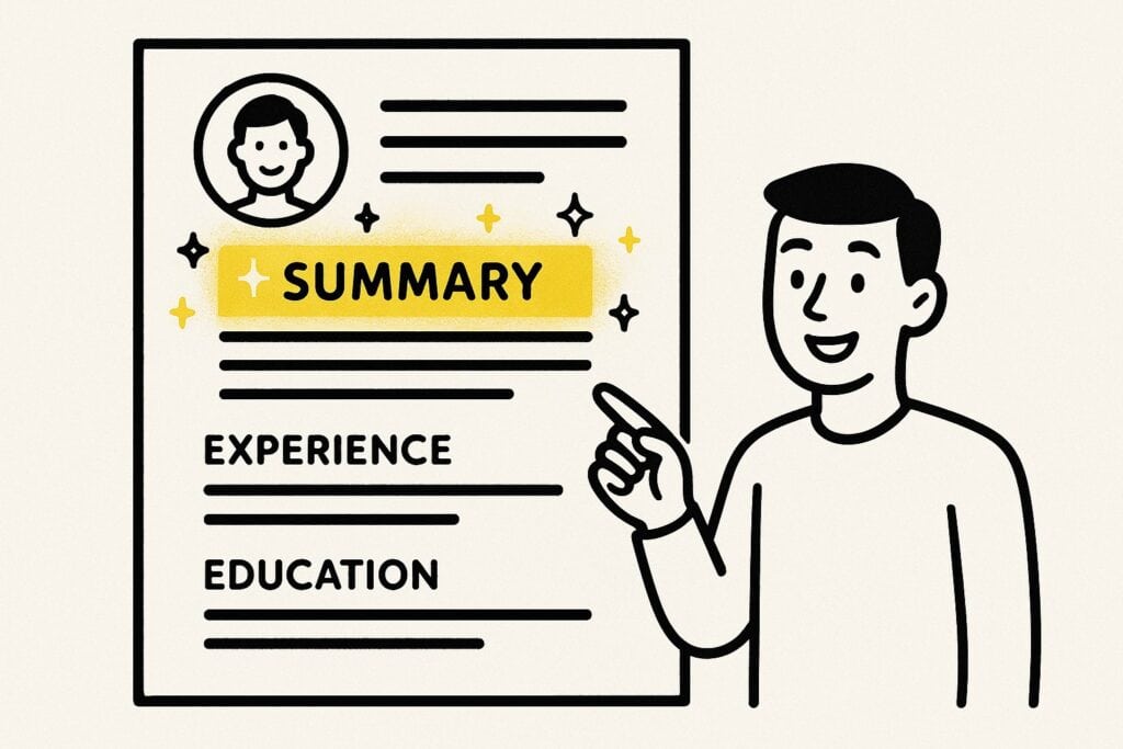 “Flat illustration of a resume with the summary section highlighted in yellow while a character points to it with sparkles.”
