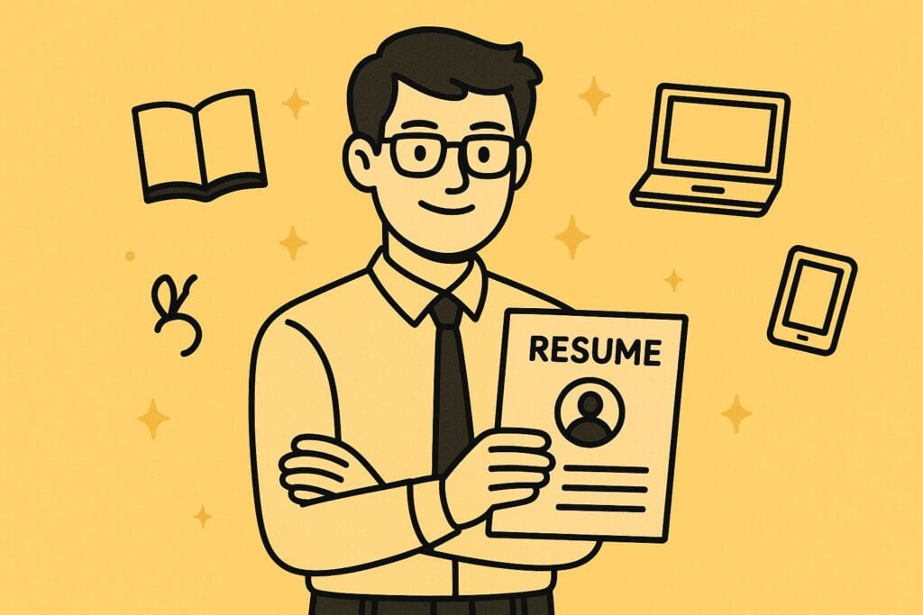 “Young teacher holding a resume with education- and technology-related icons floating in yellow accents.”