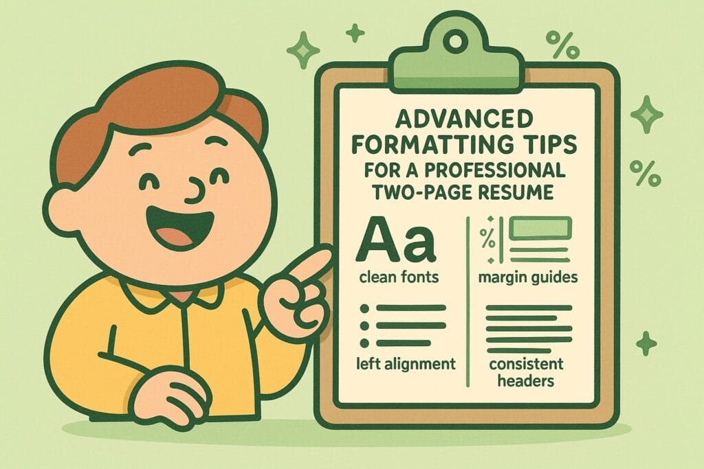 A cheerful cartoon-style character in soft pastel colours points to a large clipboard displaying resume formatting tips. The clipboard shows simple icons like clean text lines, bullet points, margin guides, and alignment bars, all in green tones. Percentage symbols and sparkles float around the scene, matching the light green background. The illustration uses thick outlines, rounded shapes, and a friendly, modern style.