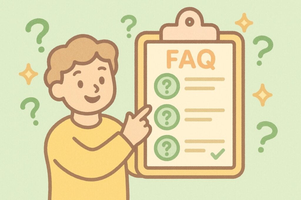 A friendly cartoon-style character wearing a yellow top points to a large clipboard labeled “FAQ.” The clipboard shows simple question-mark icons and short lines representing questions and answers. Soft green checkmarks and floating question marks surround the scene. The illustration uses a light green background, thick rounded outlines, and the same pastel green and yellow palette as the reference image.