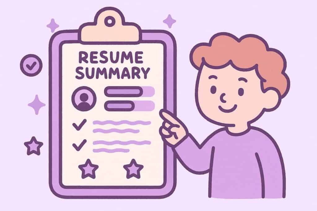 A cheerful cartoon-style character points to a large clipboard titled “Resume Summary.” The clipboard shows simple icons like skill bars, stars, and short summary lines. The illustration uses a soft purple background with matching lavender and lilac accents, thick rounded outlines, and the same friendly pastel style as the reference image.