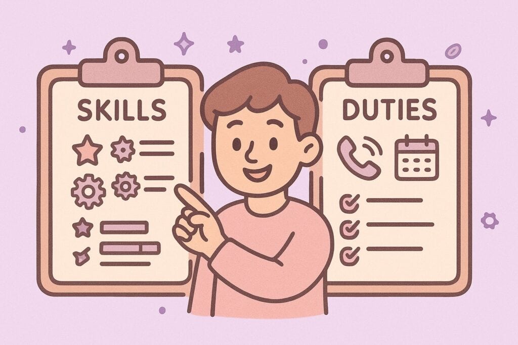 A friendly cartoon-style character points toward two side-by-side clipboards on a soft purple background. One clipboard is labeled “Skills” with icons like stars, gears, and skill bars, while the other is labeled “Duties” with icons such as a phone, calendar, and checklist. The illustration uses lavender and lilac tones with thick rounded outlines, matching the same playful, modern style as the reference image.