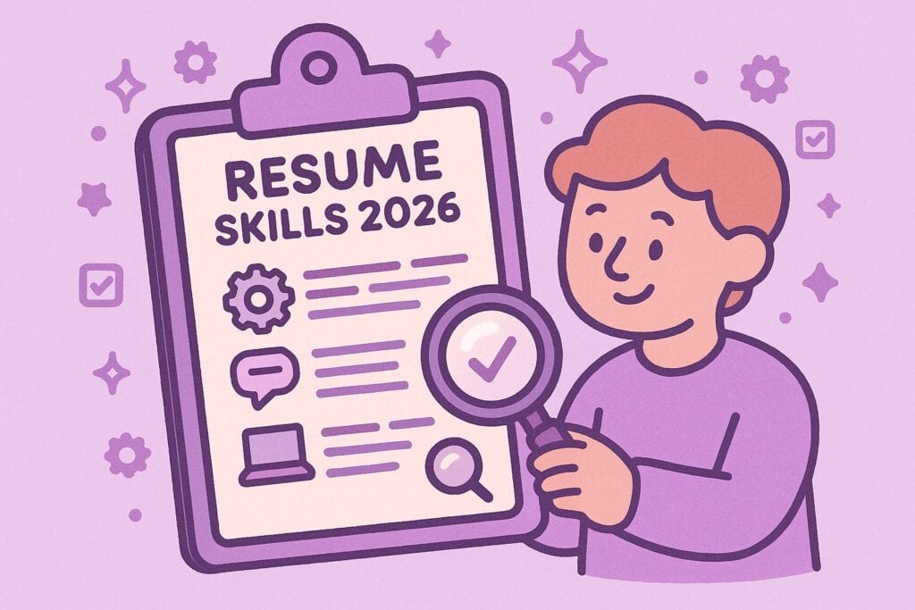 A friendly cartoon-style character reviews a large clipboard titled “Resume Skills 2026.” The clipboard shows simple icons for hard and soft skills, such as gears, speech bubbles, a laptop, and horizontal skill bars. A small magnifying-glass icon represents alignment with job descriptions, and checkmarks indicate ATS-friendly skills. The illustration uses a soft purple background with lavender and lilac accents, thick rounded outlines, and the same pastel-friendly style as the reference image.