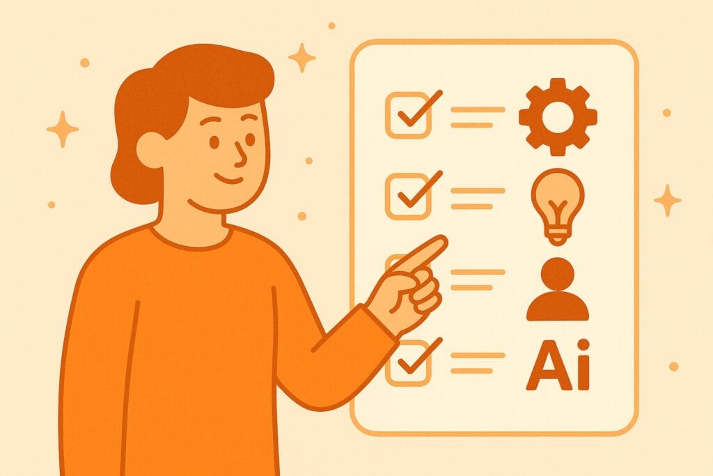 Orange illustration of a person pointing to a skills checklist with icons for technical skills, creativity, user ability, and AI, representing modern resume skills employers want in 2026.