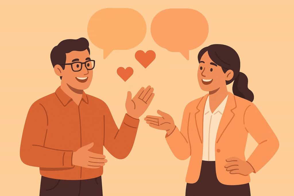 Orange illustration of two professionals having a friendly conversation with speech bubbles and heart icons, representing strong communication skills, teamwork, and soft skills employers want on a resume in 2026.
