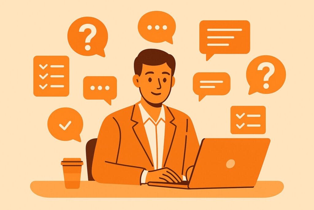 Orange illustration of a professional working at a laptop surrounded by question marks, chat bubbles, and checklist icons, representing frequently asked questions about resume skills, job application guidance, and the best skills to put on a resume in 2026.