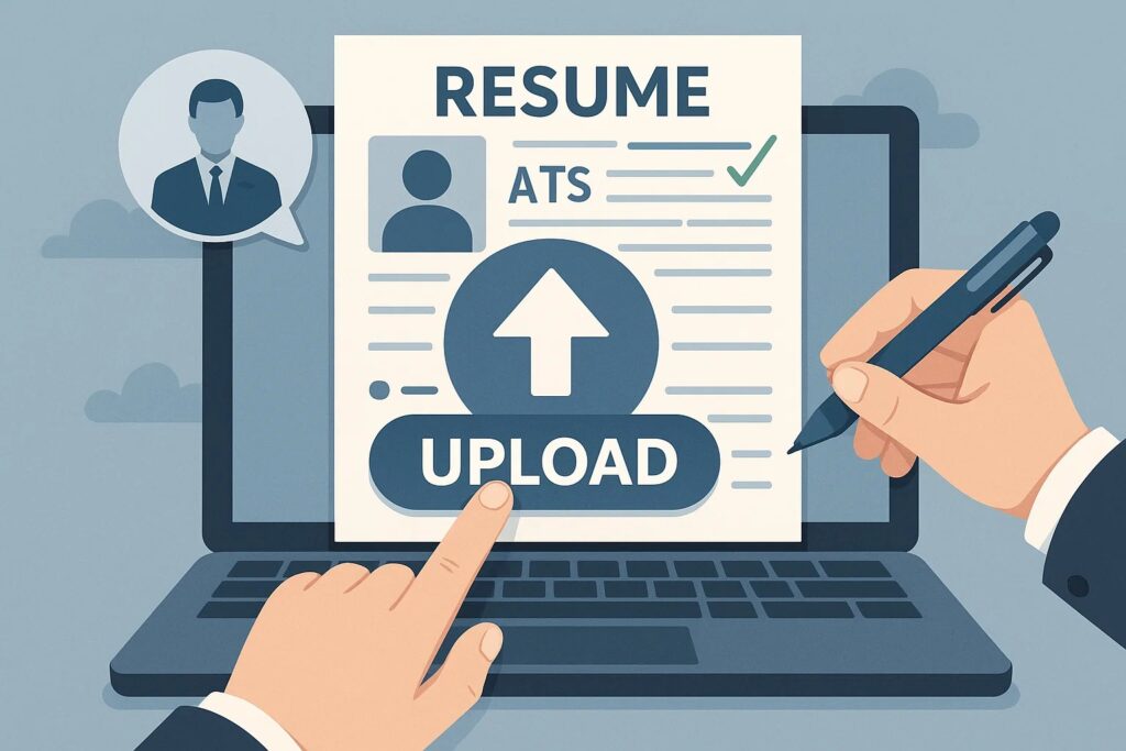 Illustration of a frustrated, sweating man sitting at a desk, holding a large blue wrench. A document labeled "RESUME" is on the desk, covered in red correction marks, including large 'X's, circles, and squiggly lines, indicating many mistakes. A red marker is uncapped next to the resume. Above the man's head are a question mark and a scribble of confusion, conveying the difficulty and stress of fixing a bad resume.