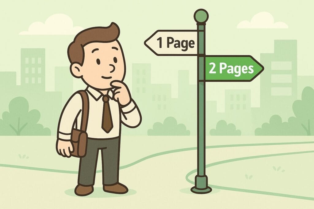 “Cute cartoon character standing at a crossroads sign labelled one-page and two-page resume options, with the two-page sign highlighted in green.”