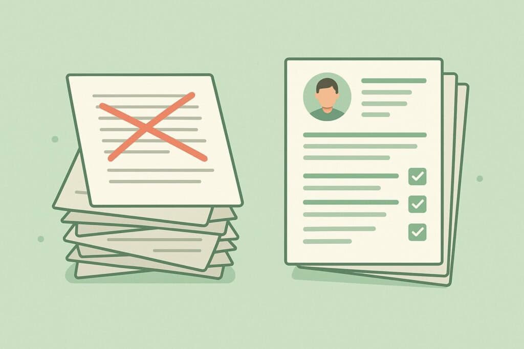 “Flat green-themed illustration showing a messy stack of crossed-out documents next to a clean two-page resume marked with green tick icons.”