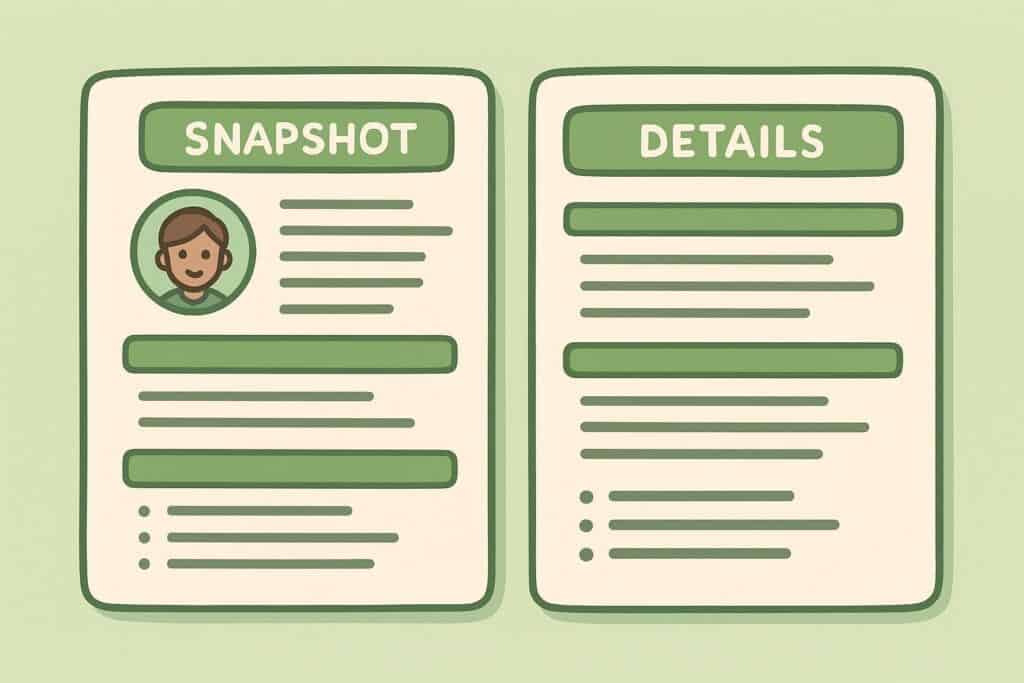 “Top-down cartoon view of two resume pages on a desk, with green section headers showing the Page 1 snapshot layout and Page 2 details layout.”