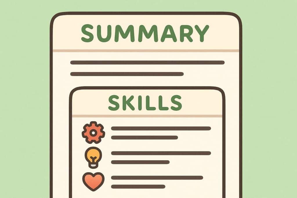 “Close-up illustrated view of a resume’s Summary and Skills sections, styled with green headings and soft rounded design elements.”