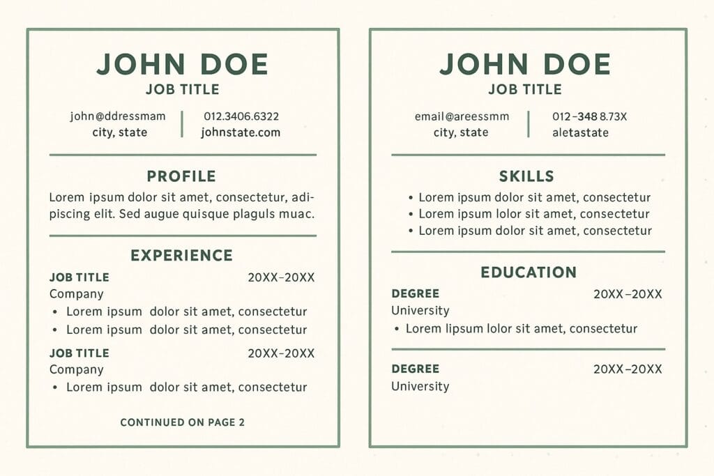 “Two-page resume illustration showing a clean page break, matching green headers on both pages, and balanced spacing guidelines.”