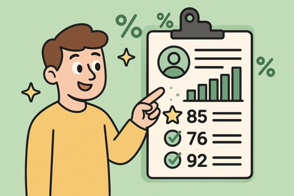 “Illustration of a character pointing at green bar charts and percentage icons above a resume to represent measurable achievements.”