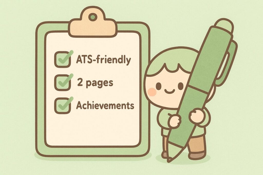 “Cartoon-style clipboard with a green checklist of resume essentials, held by a character with a large green pen.”