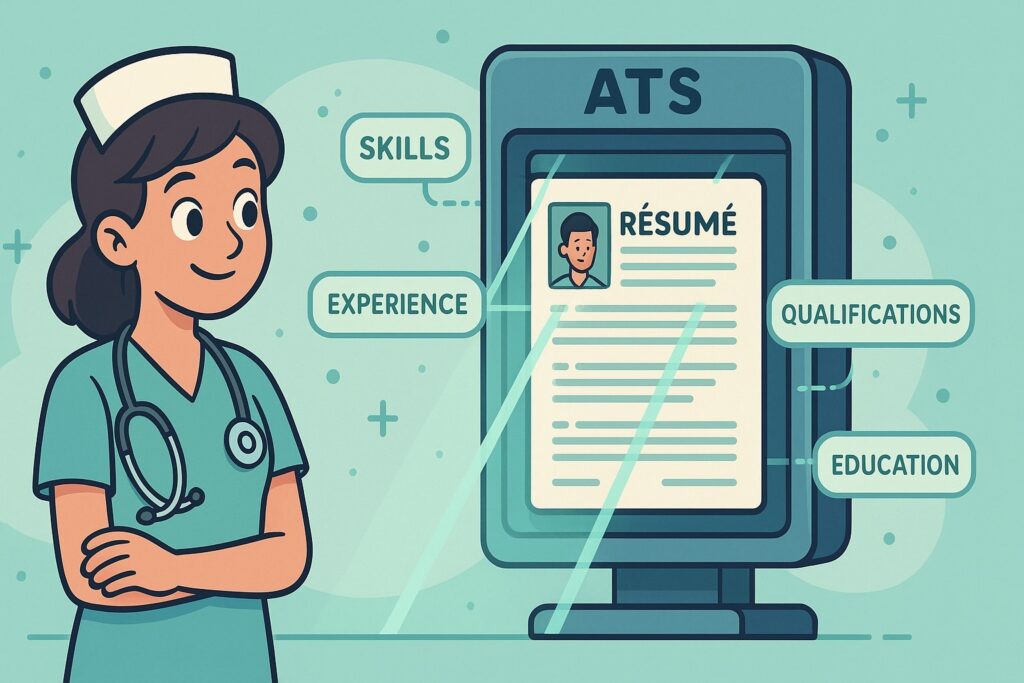 “Cartoon nurse watching an ATS system scan a résumé with highlighted keywords and digital scanning graphics.”