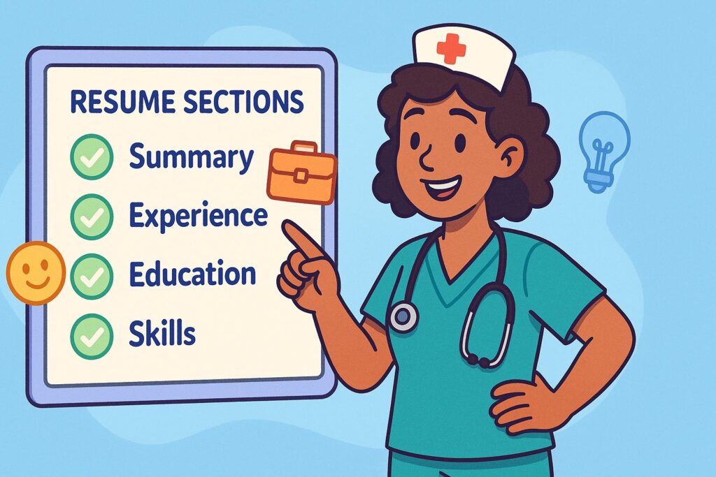 “Cartoon nurse pointing at a digital resume checklist showing sections like Summary, Education, Experience, and Skills on a bright blue background.”