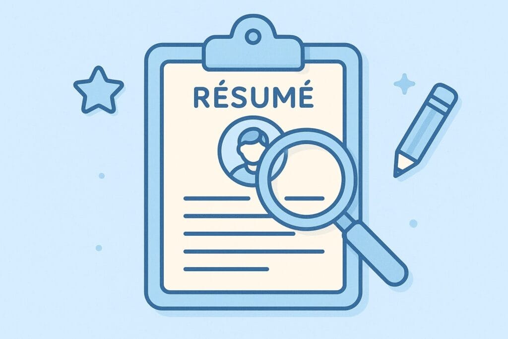“Soft blue cartoon of a résumé being reviewed with a magnifying glass, representing resume review, editing, and ATS optimization.”
