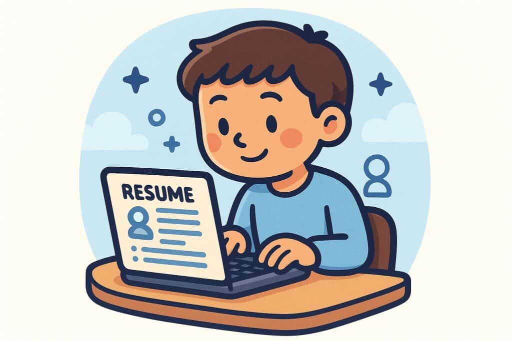 “Cartoon student writing a resume on a laptop for a no-experience job application, illustrated in a soft blue theme.”
