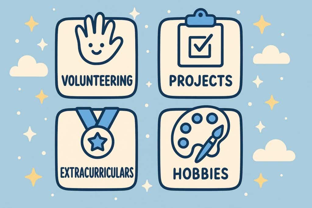 “Soft blue illustration showing four key no-experience resume sections—volunteering, projects, extracurriculars, and hobbies—ideal for beginner resumes and student job applications.”