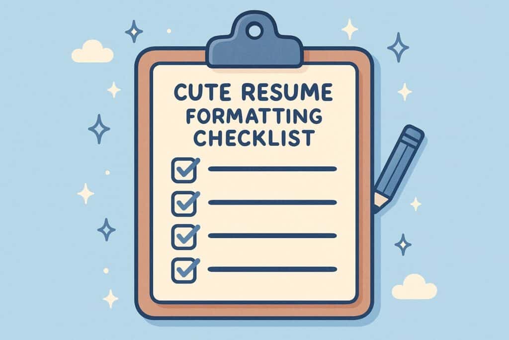 “Soft blue cartoon checklist labeled ‘Cute Resume Formatting Checklist,’ showing checkboxes and a pencil—ideal for resume formatting tips and beginner job seekers.”