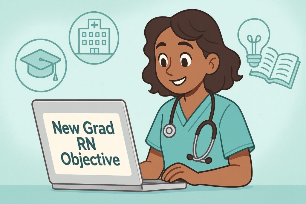 “Cartoon new-grad nurse in scrubs reviewing a laptop screen with the heading ‘New Grad RN Objective’ and floating graduation and medical icons.”