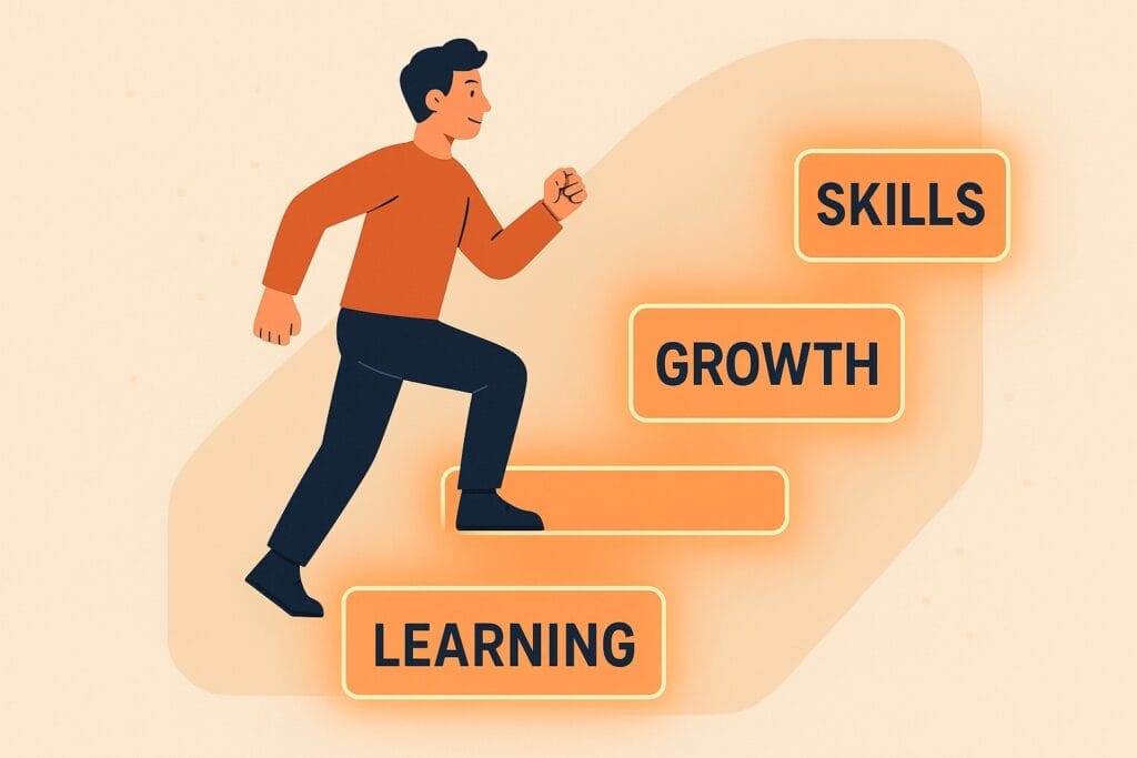 Orange illustration of a person climbing staircase steps labeled learning, growth, and skills, representing career development, continuous learning, and building key resume skills employers want in 2026.