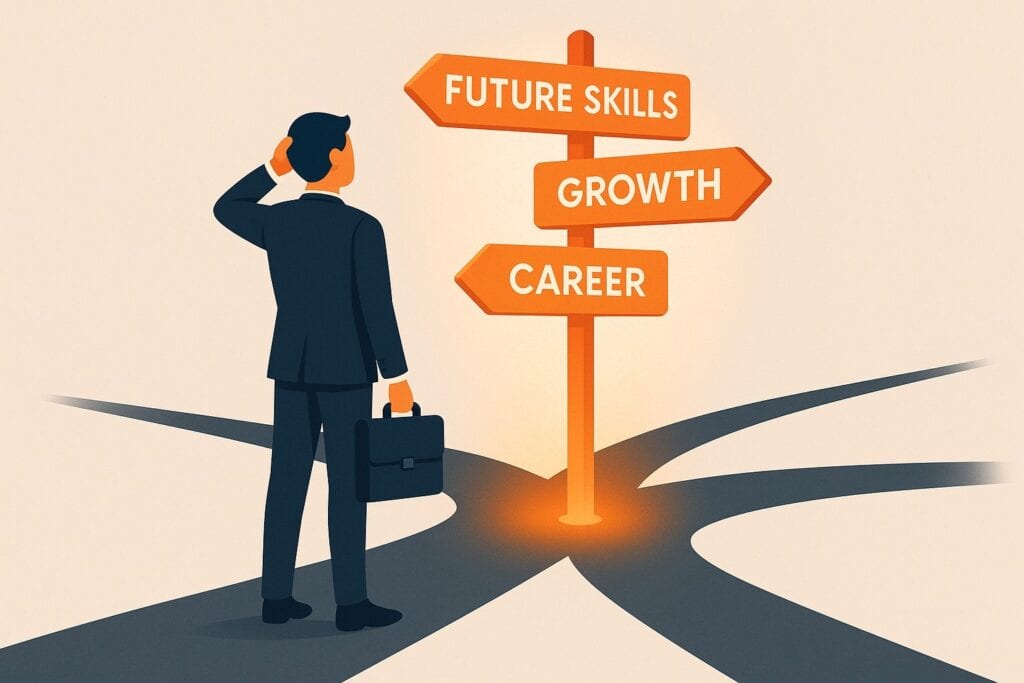 Orange illustration of a business professional standing at a career crossroads with signposts for “Future Skills,” “Growth,” and “Career,” representing career planning, choosing the best resume skills, and aligning in-demand job skills for long-term career success in 2026.