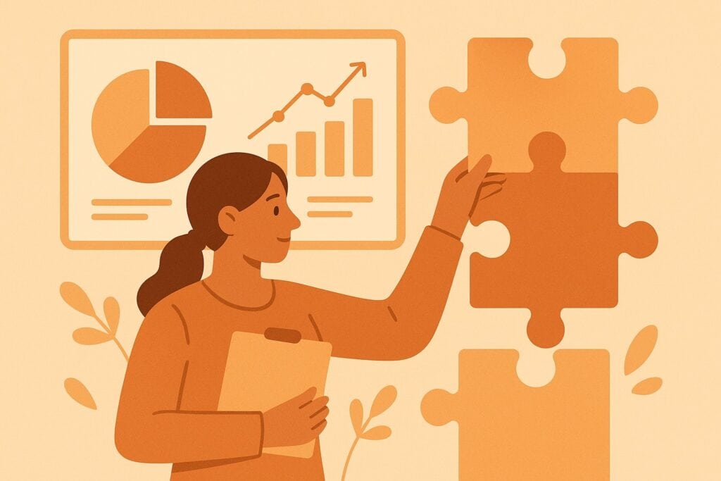 Orange illustration of a professional holding a clipboard and placing a puzzle piece into a larger puzzle beside charts and graphs, representing strategic skills mapping, data-driven resume skills planning, and aligning key job skills for resume success in 2026.